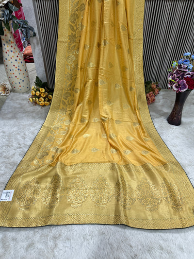Bright Lemon Yellow Art Silk Saree with Golden Zari & Butis