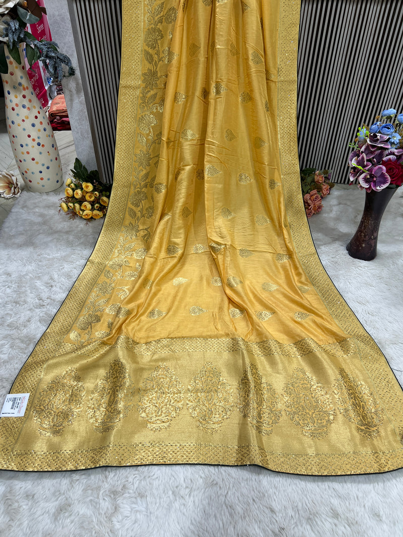 Bright Lemon Yellow Art Silk Saree with Golden Zari & Butis