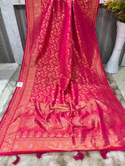 Charming Baby Pink Silk Saree with Elaborate Golden Zari Weave