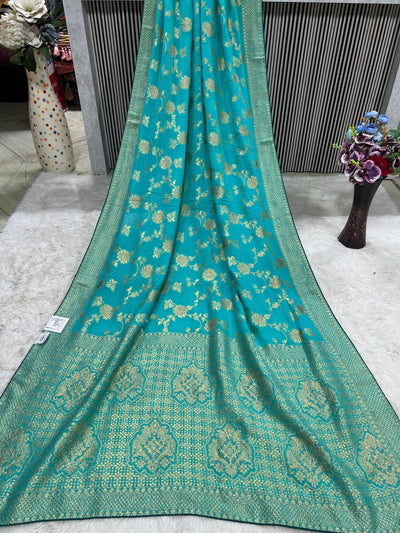 Graceful Firozi Blue Silk Saree with Golden Floral Zari Weave