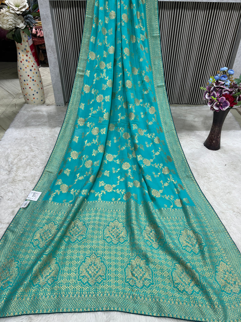 Graceful Firozi Blue Silk Saree with Golden Floral Zari Weave