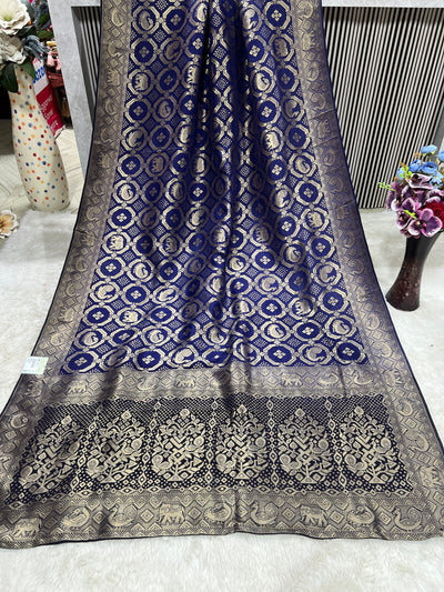 Exquisite Navy Blue Banarasi Silk Saree with Golden Zari Weaving