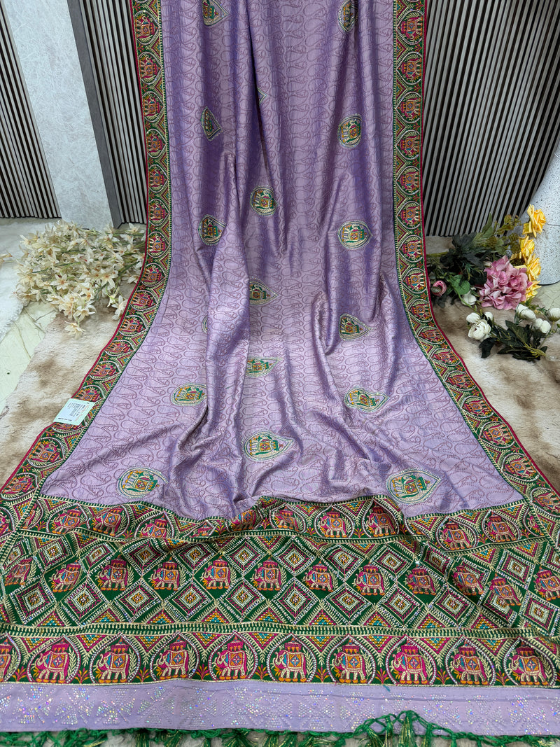 Vibrant Purple Silk Blend Saree with Elephant Motifs & Zari Border