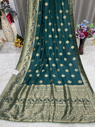 Majestic Green Silk Blend Saree with Golden Zari Buttis & Border