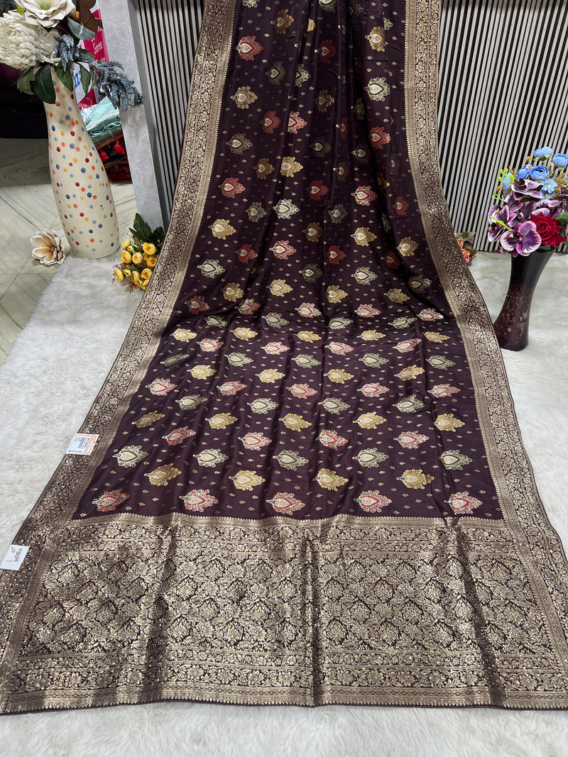 Chic Coffee Brown Silk Saree with Multi-Color Zari Buttis