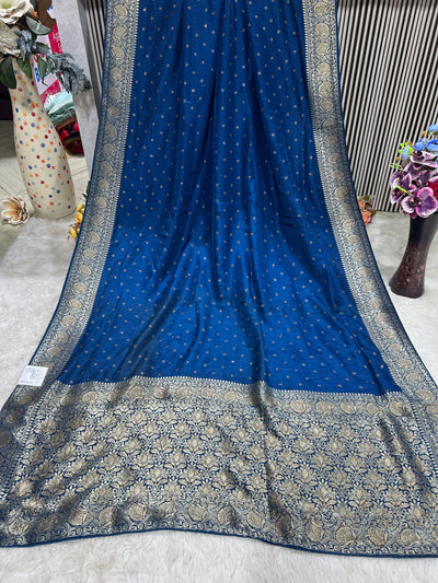 Elegant Navy Blue Silk Saree with Delicate Golden Zari Motifs