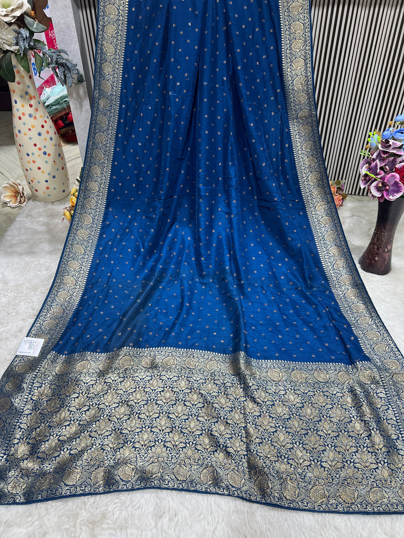 Elegant Navy Blue Silk Saree with Delicate Golden Zari Motifs