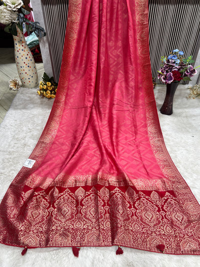 Gorgeous Pink Silk Saree with Contrasting Red & Golden Zari Border