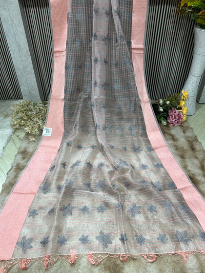 Charming Peach Organza Saree with Grey Floral Weave