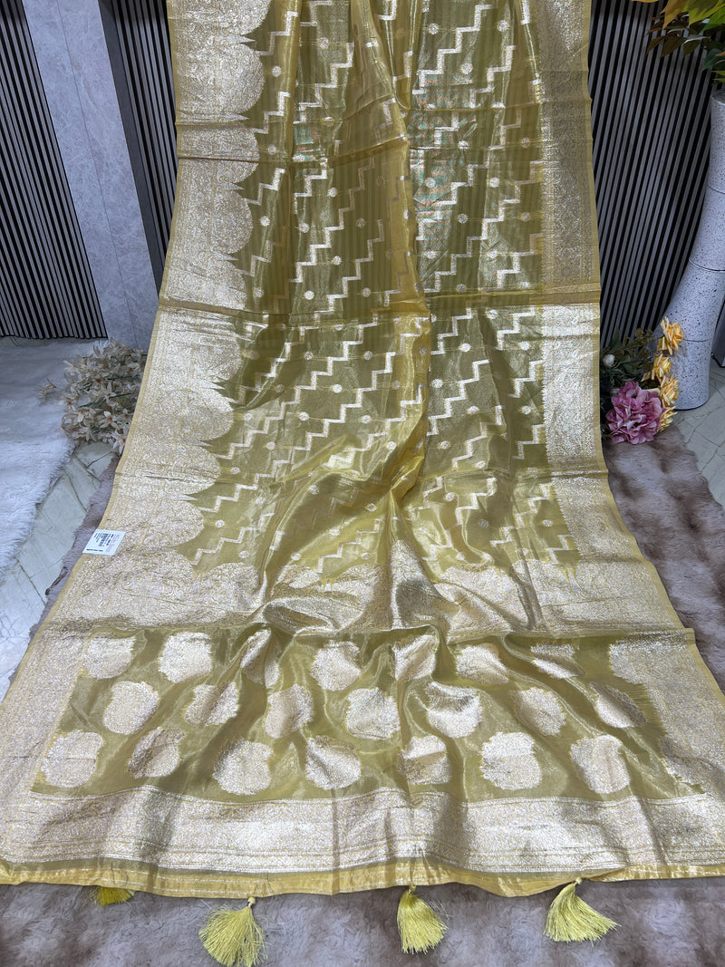 Shimmering Parrot Green Organza Saree with Zari Weave