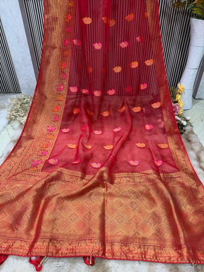 Dazzling Red Net Saree with Embellished Motifs & Border