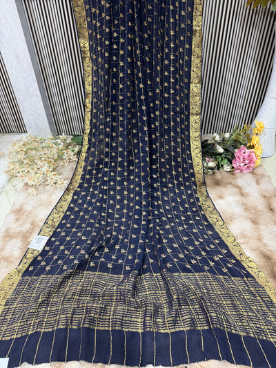 Chic Navy Blue Georgette Saree with Gold Floral Motifs