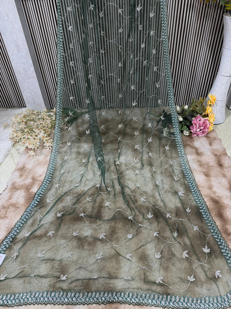 Charming Dark Green Net Saree with Delicate Silver Leaf Embroidery