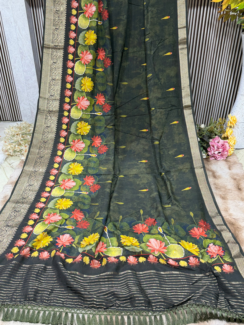 Enchanting Dark Green Printed Saree with Vibrant Lotus Motifs