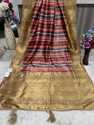 Radiant Golden Art Silk Saree with Striped Pallu & Woven Florals
