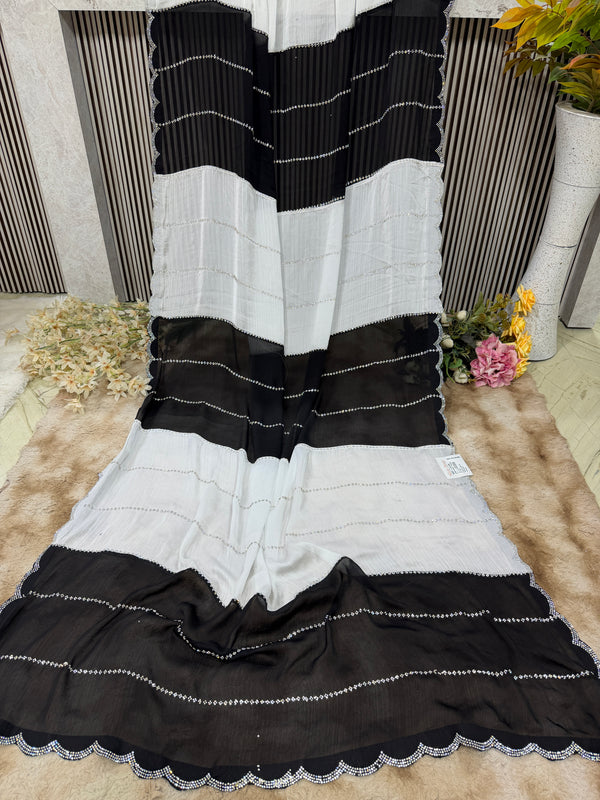 Chic Black & White Striped Saree with Sequin Embellishments
