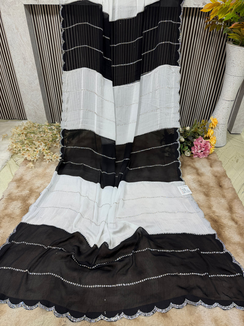 Chic Black & White Striped Saree with Sequin Embellishments
