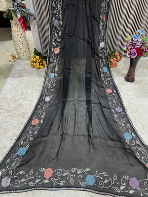 Artistic Black Sheer Saree with Multi-Color Floral Embroidery