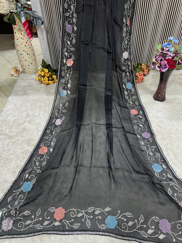 Artistic Black Sheer Saree with Multi-Color Floral Embroidery