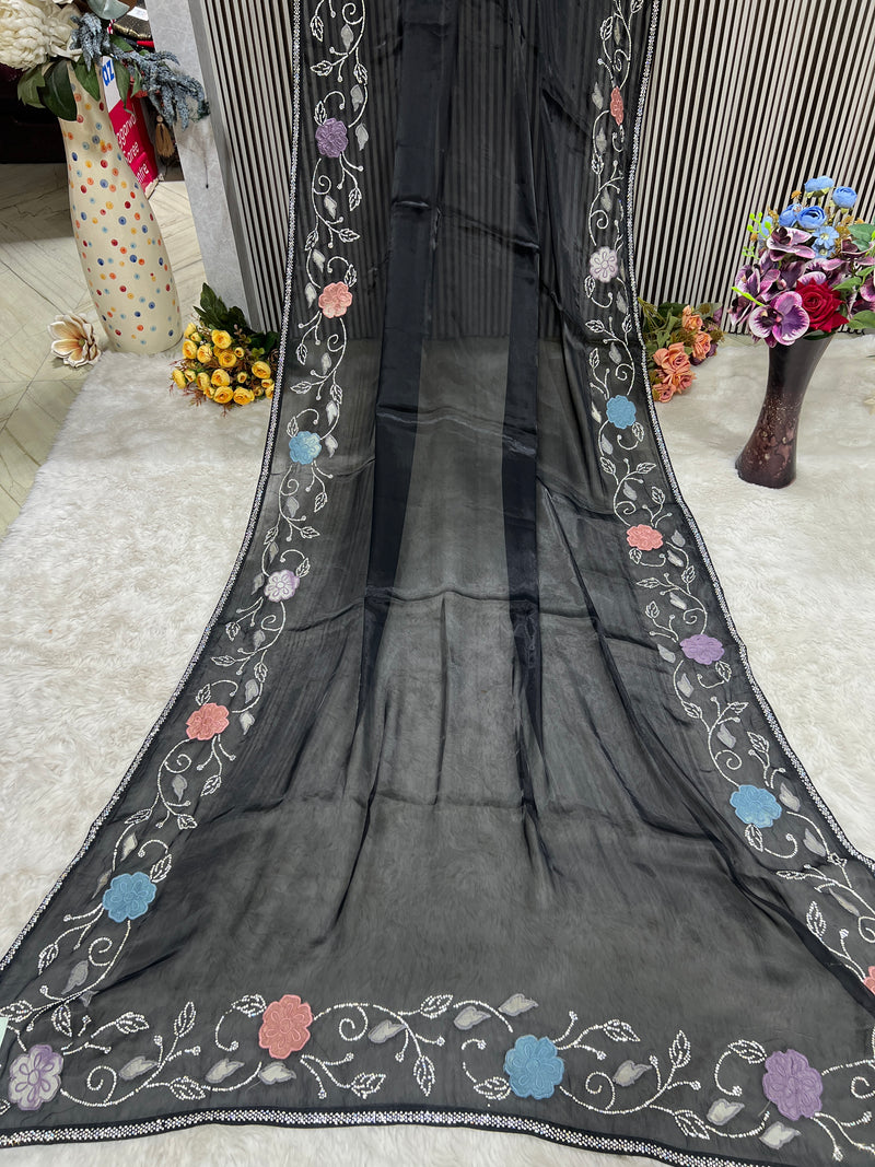 Artistic Black Sheer Saree with Multi-Color Floral Embroidery