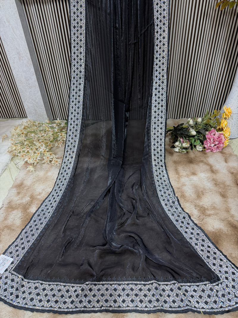 Sleek Black Designer Saree with Rhinestone Border