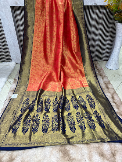 Opulent Red & Navy Banarasi Silk Blend Saree with Zari Motifs
