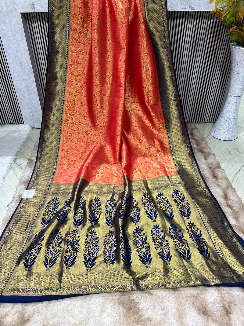Opulent Red & Navy Banarasi Silk Blend Saree with Zari Motifs