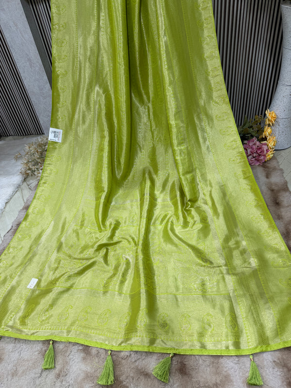 Charming Lime Green Fancy Saree with Subtle Weave & Tassels