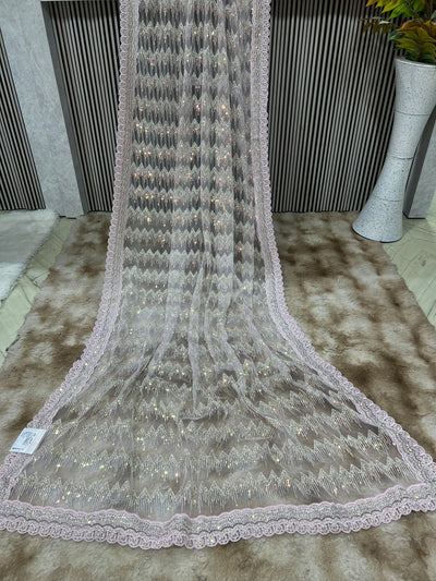 Sparkling Baby Pink Net Saree with Chevron Sequin Embellishments