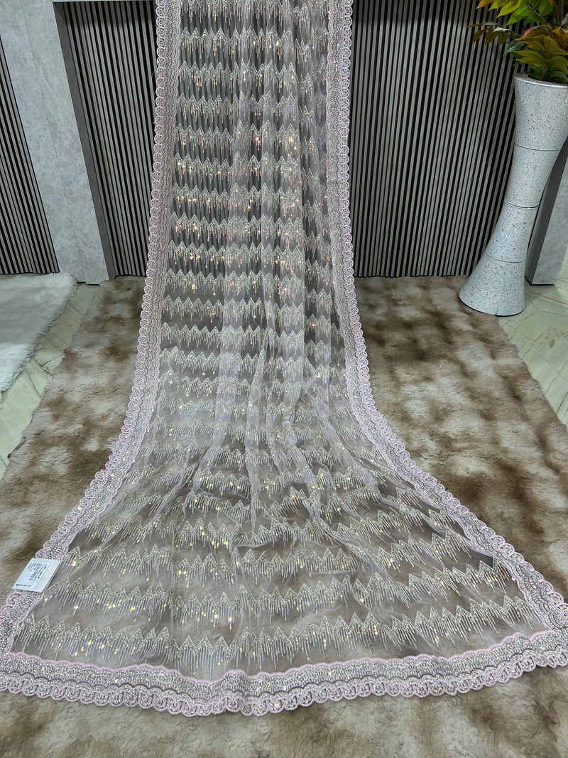 Sparkling Baby Pink Net Saree with Chevron Sequin Embellishments