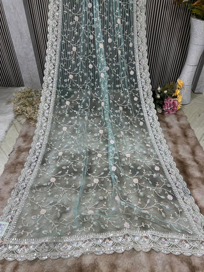 Dreamy Ice Blue Net Saree with Multi-Floral Embroidery & Sequins