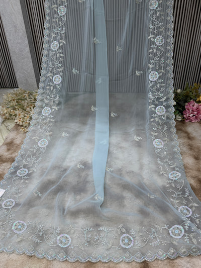 Charming Powder Blue Sequin & Floral Embroidered Saree
