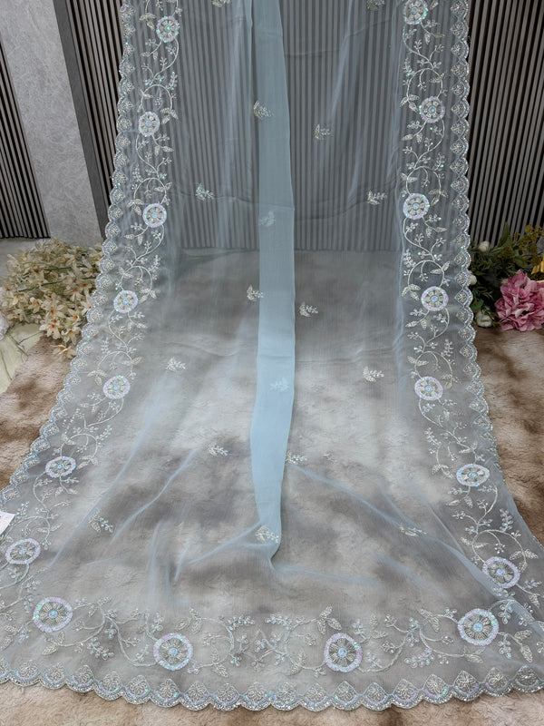 Charming Powder Blue Sequin & Floral Embroidered Saree