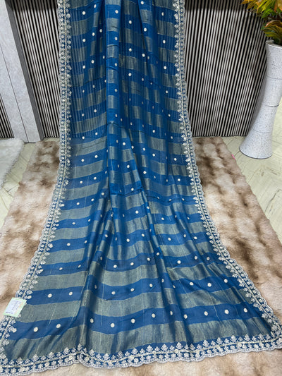 Contemporary Teal Blue Striped Saree with Sequin Embroidery