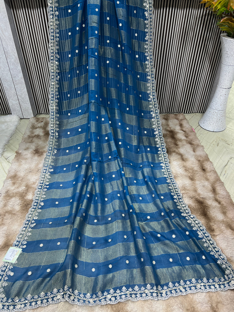 Contemporary Teal Blue Striped Saree with Sequin Embroidery