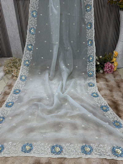 Elegant Ice Blue Organza Saree with Sequin & Threadwork Border