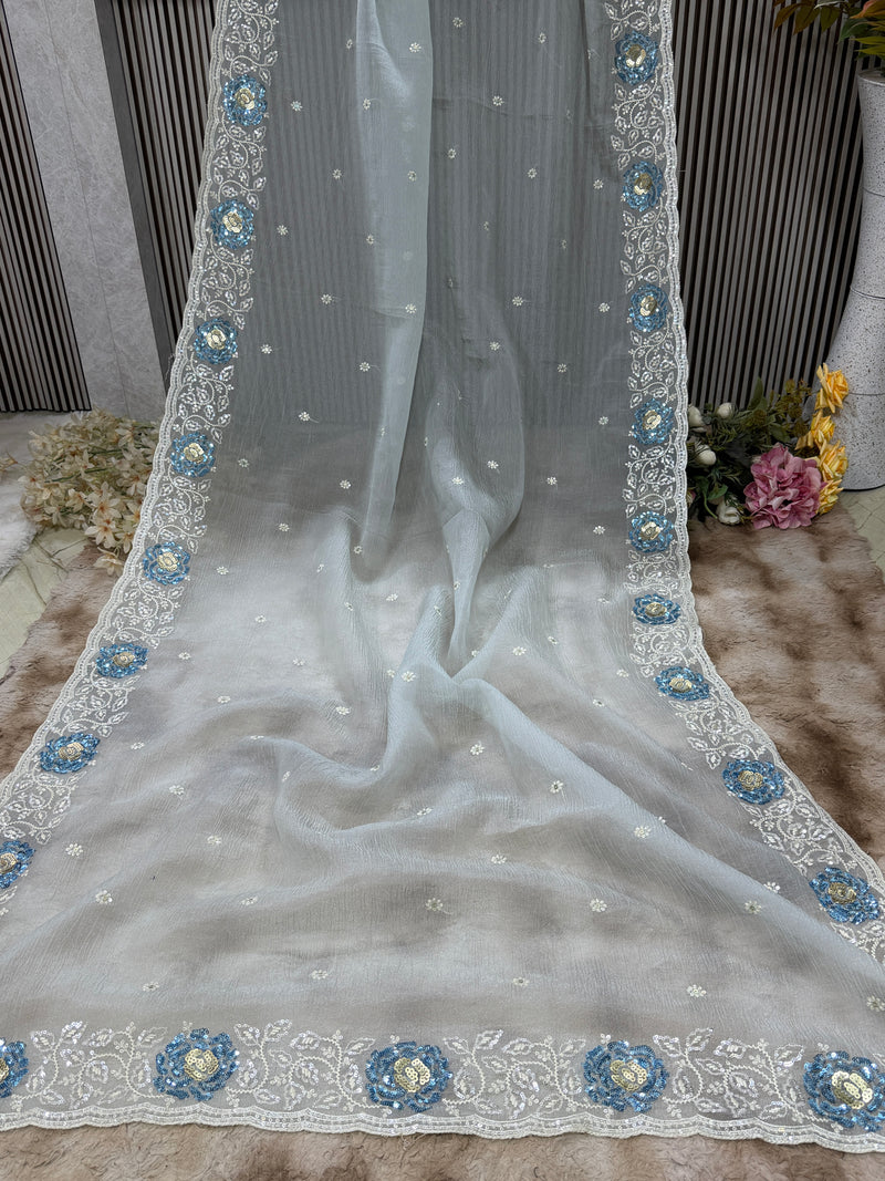 Elegant Ice Blue Organza Saree with Sequin & Threadwork Border