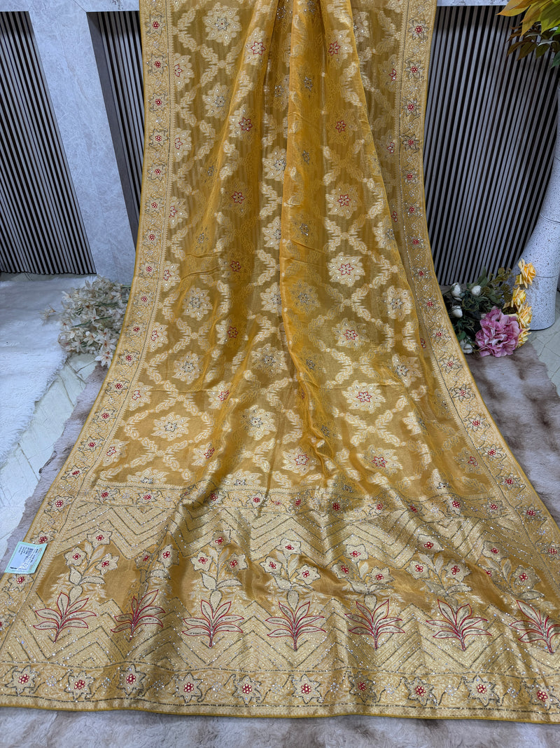 Radiant Yellow Banarasi Silk Blend Saree with All-Over Zari Weaving