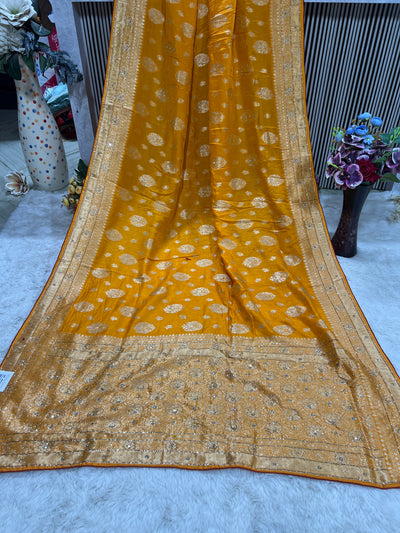 Festive Yellow Silk Saree with Golden Booti Weave & Intricate Zari Border
