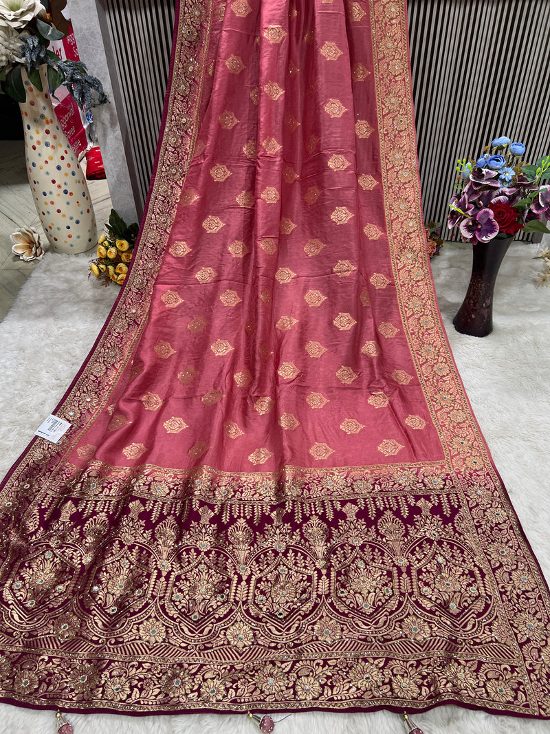 Opulent Pink & Maroon Banarasi Silk Saree with Grand Zari