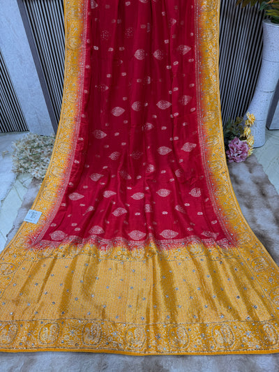 Stunning Red & Yellow Saree with Embellished Border