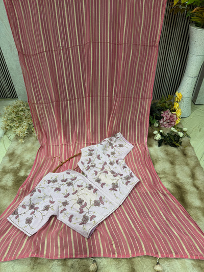 Delicate Pink Georgette Saree with Striped Zari & Floral Blouse