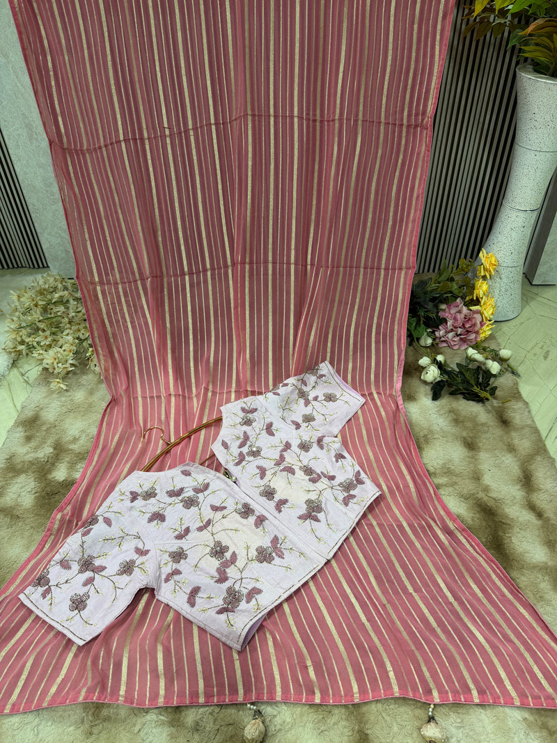 Delicate Pink Georgette Saree with Striped Zari & Floral Blouse