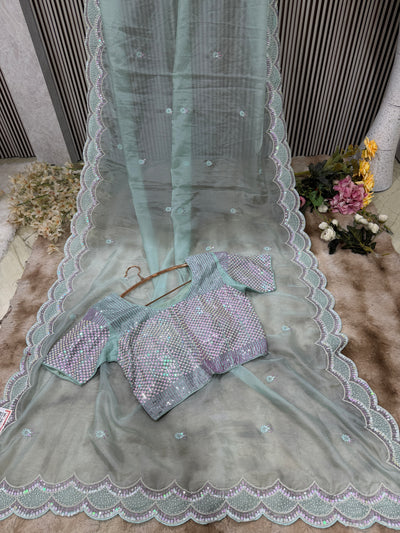 Graceful Sea Green Organza Saree with Scalloped Sequin Border