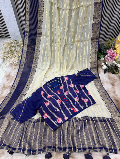 Elegant Off-White Silk Blend Saree with Navy Zari Border