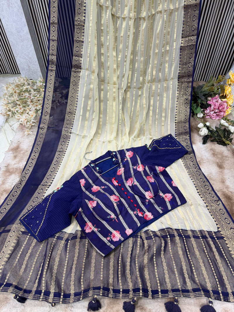 Elegant Off-White Silk Blend Saree with Navy Zari Border