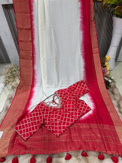Charming Butter Cream Saree with Red Tie-Dye & Zari Border