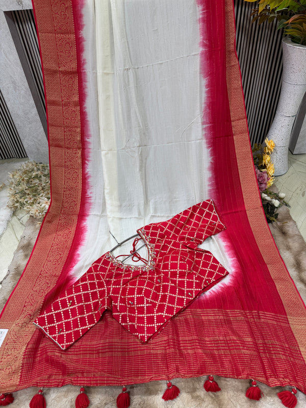 Charming Butter Cream Saree with Red Tie-Dye & Zari Border