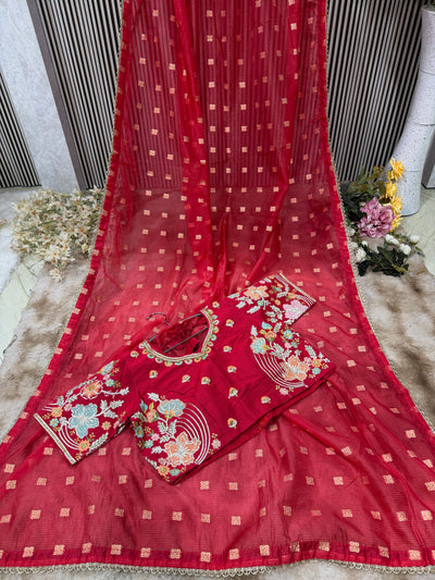 Radiant Red Georgette Fancy Saree with Zari Motifs & Embroidered Blouse