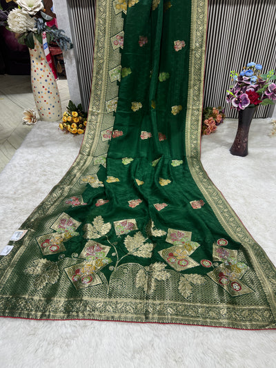 Majestic Green Art Silk Saree with Traditional Zari & Colorful Motifs